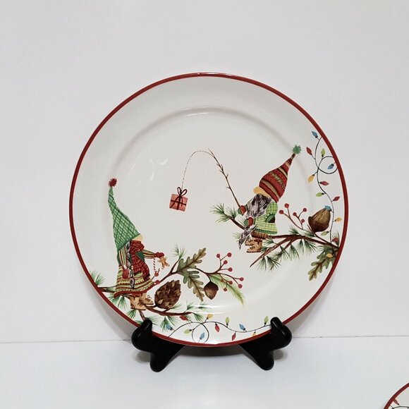 NEW Pottery Barn Set of 4 Forest Gnome Christmas Spirit Salad Plates 9.5" NIB - Picture 5 of 8